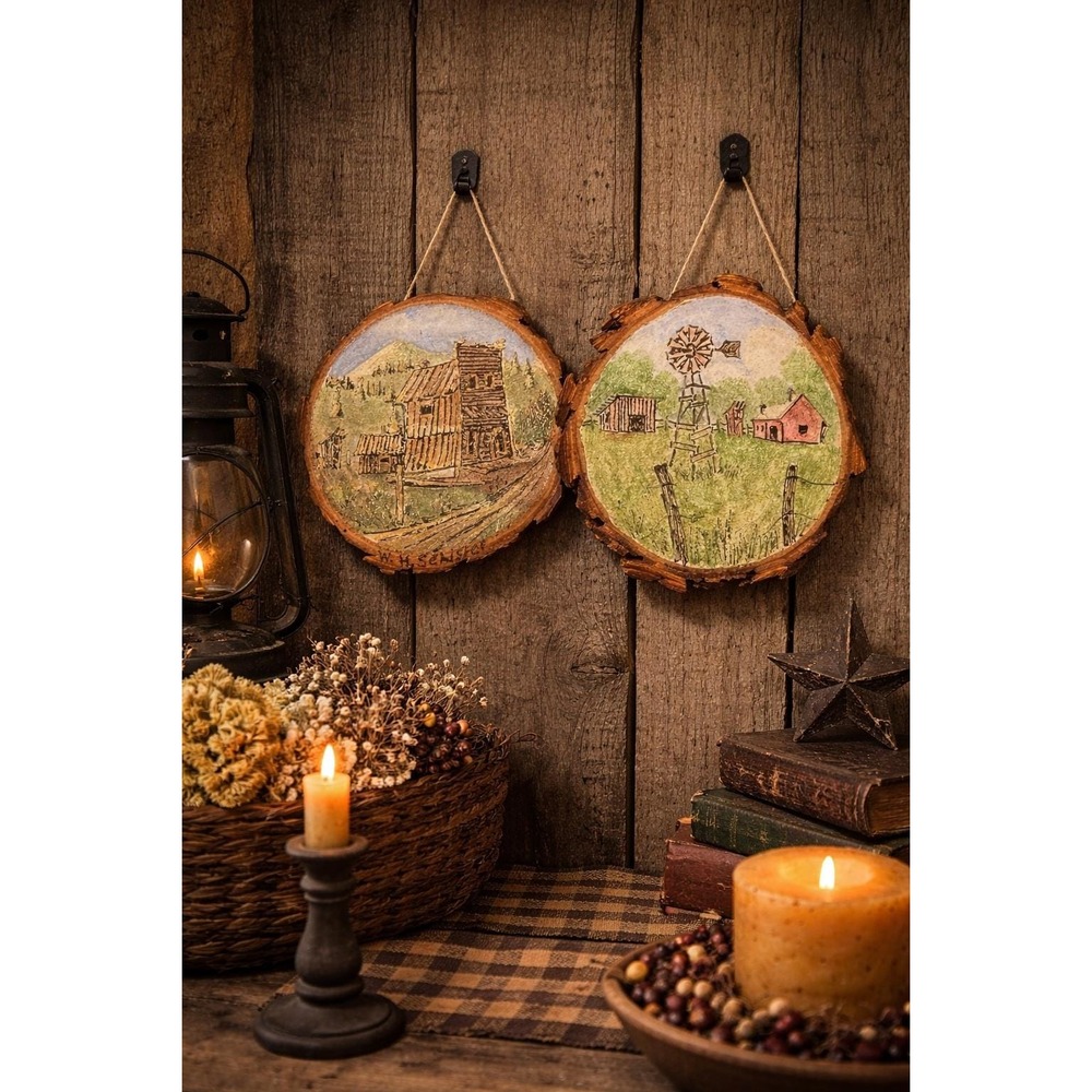Vintage Hand-Painted Wood Slice Art – Texas Cabin & Windmill Scenes